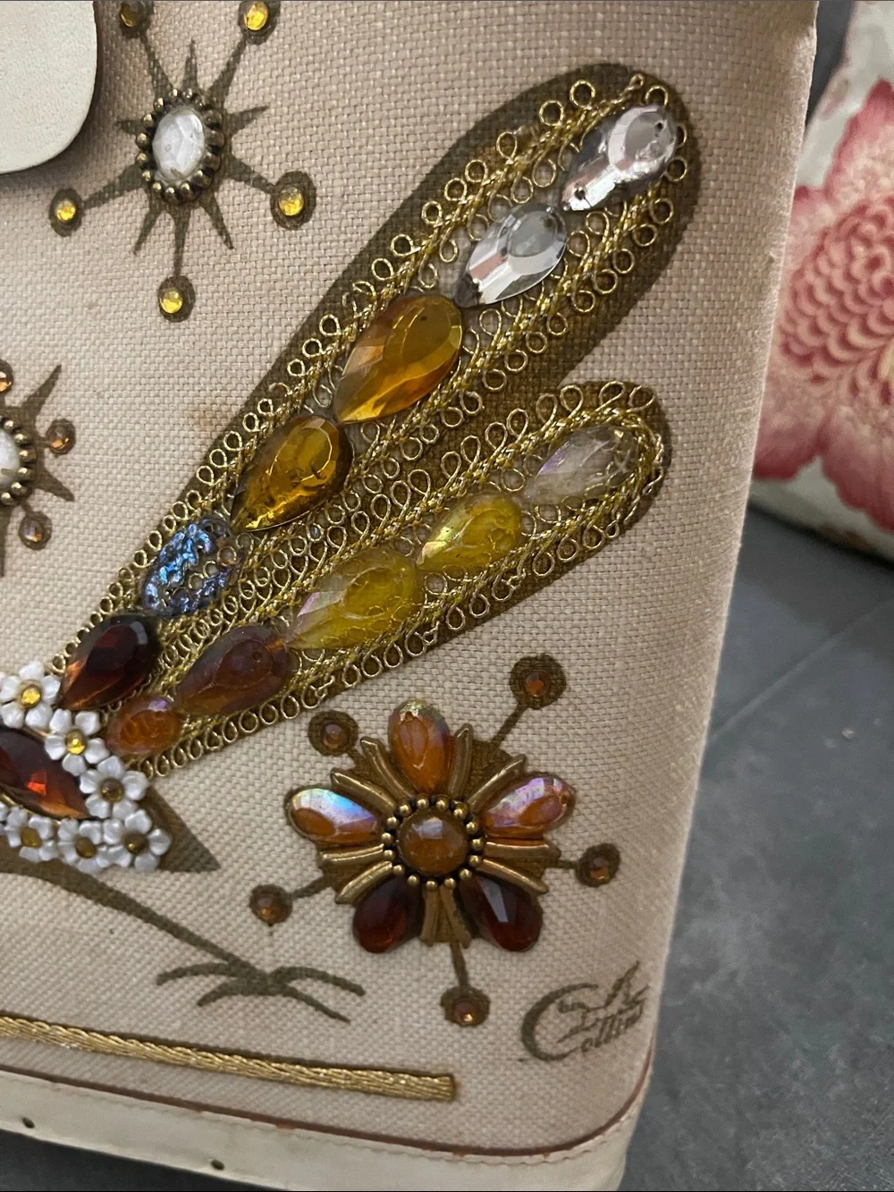 Vintage Embellished Cream Tote with Amber Jewel Bird Design
